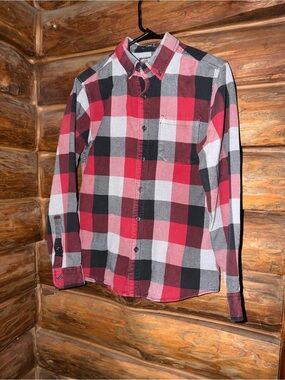 Eddie Bauer Men's Red Black White Plaid Button-Down Shirt- long sleeve-  Size S